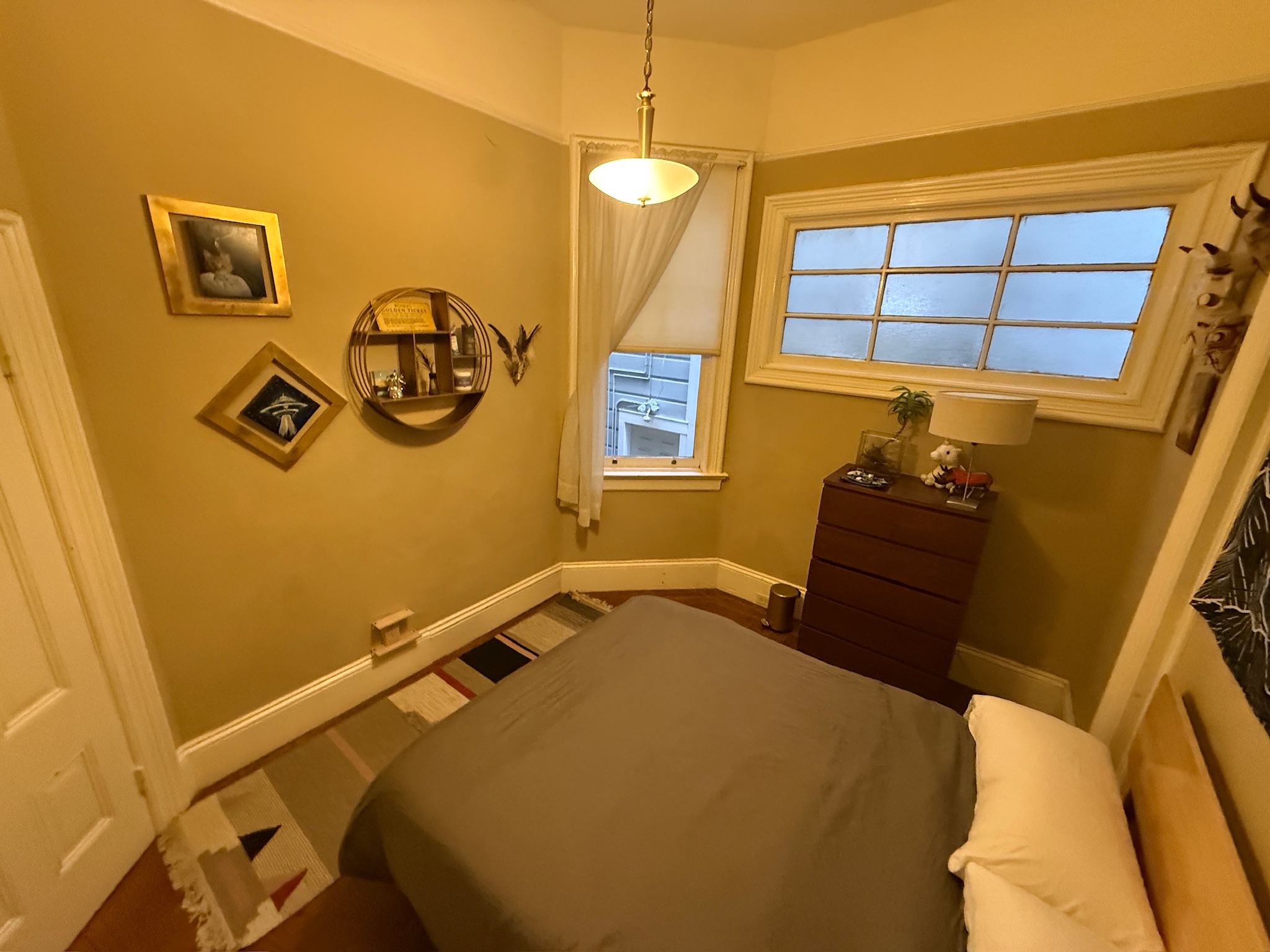Small bedroom with skylight, dark green bedding, pendant light